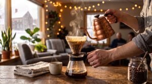 Pour-over coffee brewing in a glass server