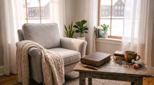 quiet prayer corner with Bible, candle, and cozy blanket