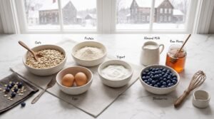 Ingredients and batter for healthy protein muffins with oats, Greek yogurt, and protein powder