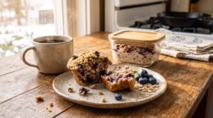 Freshly baked healthy protein muffins with a soft moist center