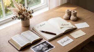 Parents choosing a baby name from handwritten name cards