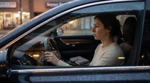 Woman sitting alone in a car while struggling with emotional exhaustion and uncertainty