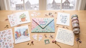 Sparkle Mail Club envelope with colorful stickers and happy mail items