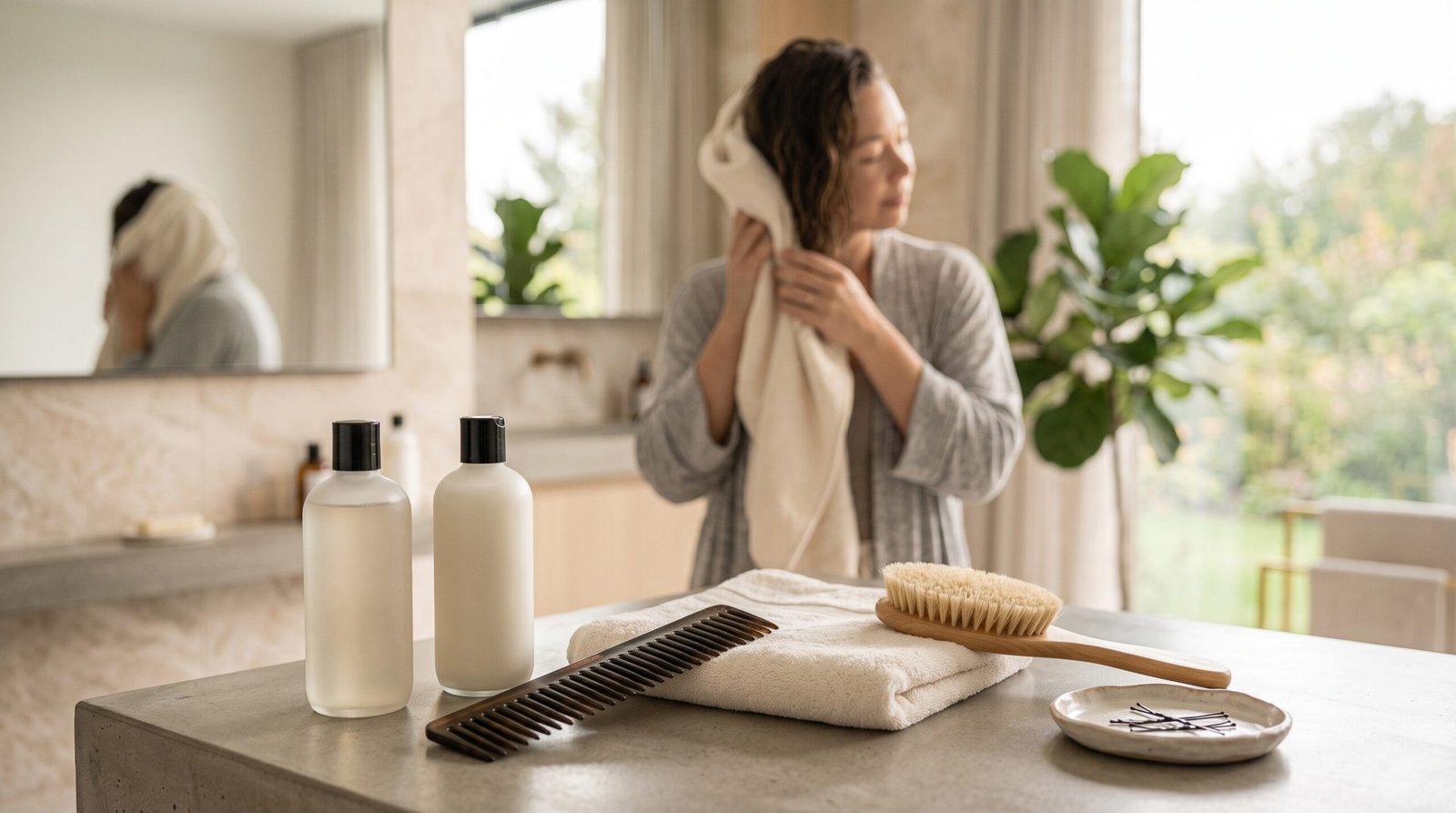 healthy hair care routine with shampoo conditioner and hair towel