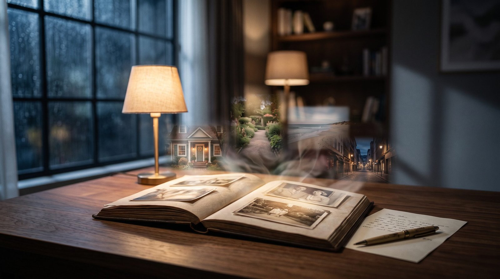 Old photographs and memories represented in a dreamlike nighttime scene