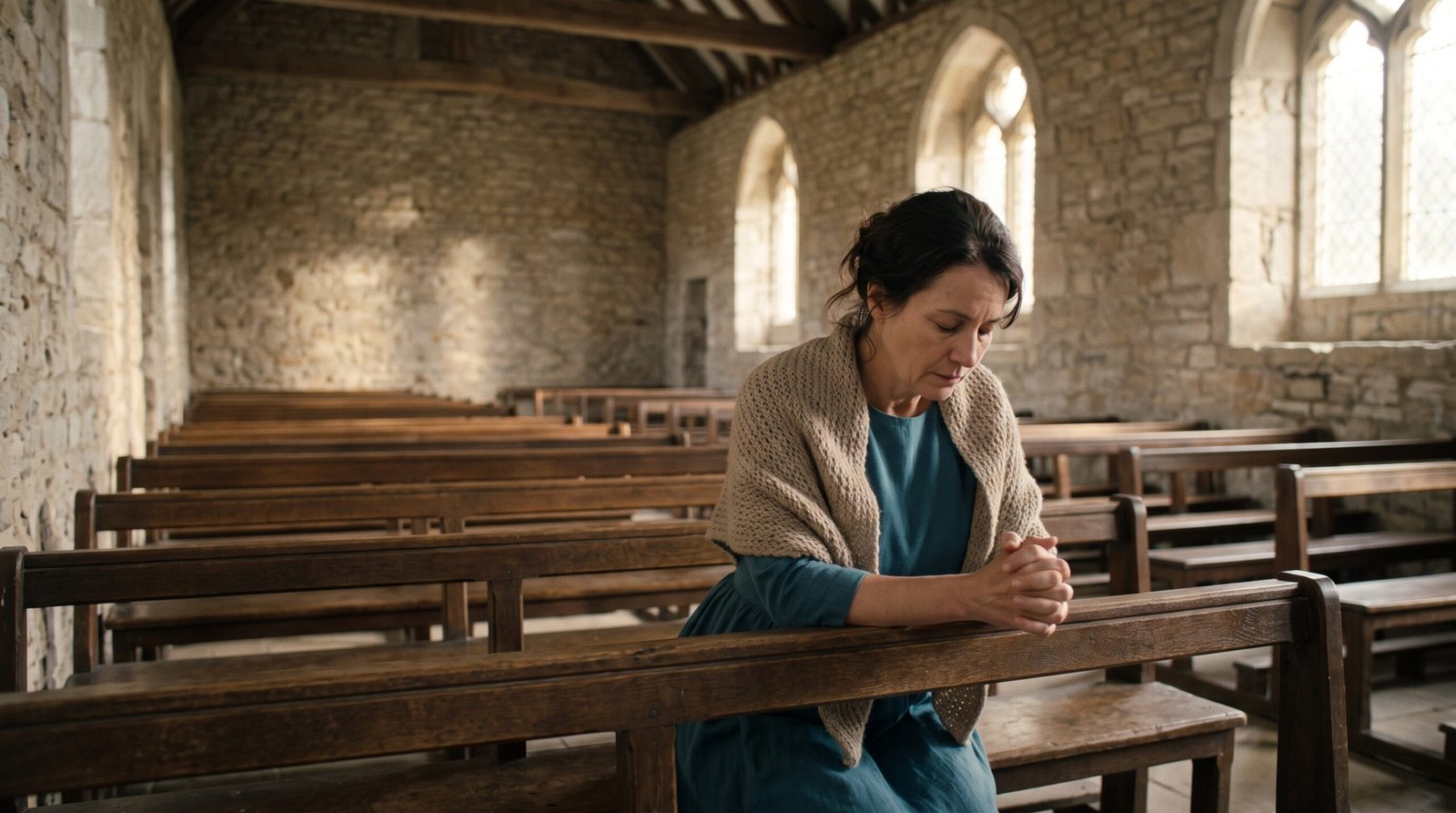 Person praying quietly inside a church, representing repentance, humility, and returning to God, salvation.