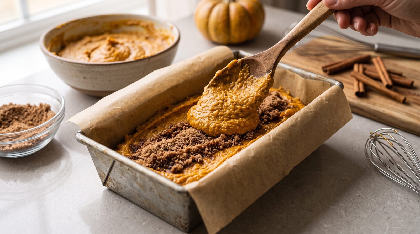 Pumpkin bread batter layered with cinnamon sugar in a loaf pan