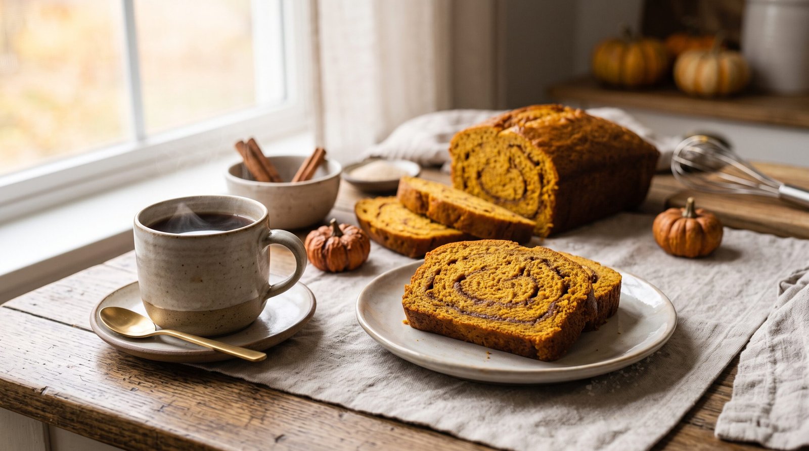 Slice of moist cinnamon swirl pumpkin bread served with coffee