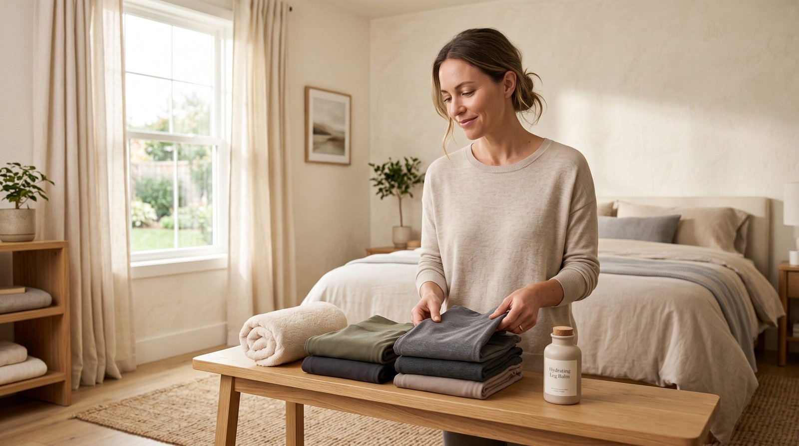 Woman choosing soft comfortable leggings for sensitive skin