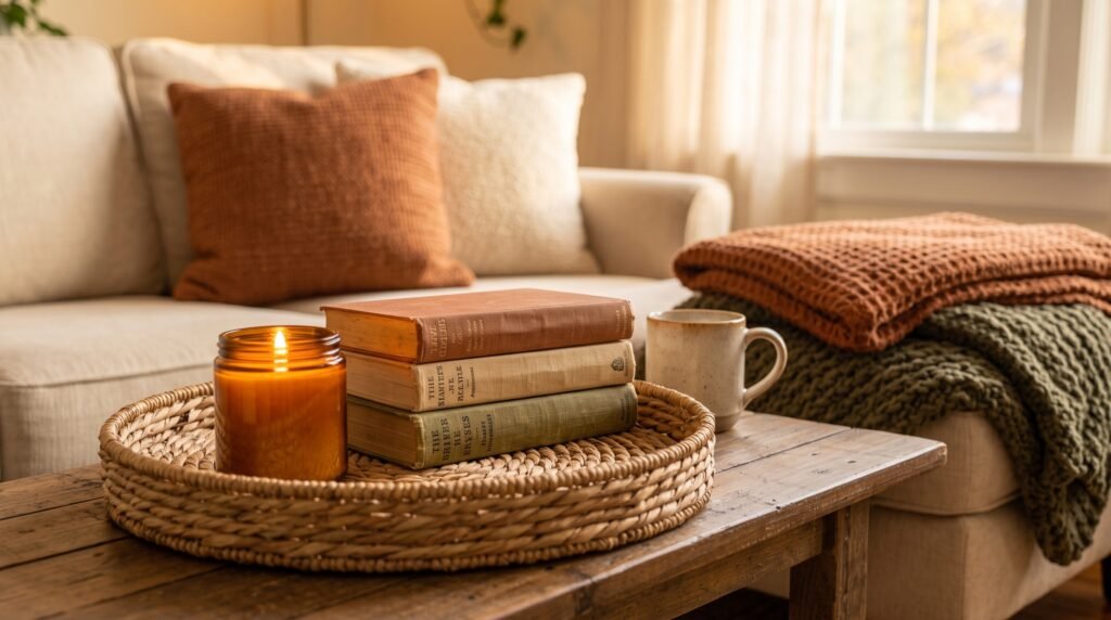 cozy fall living room decor ideas on a tight budget with layered throws and warm autumn accents