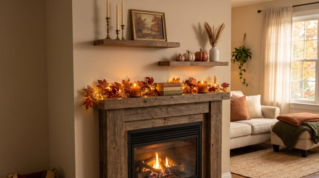 cozy fall living room decor on a tight budget with seasonal wall art and warm accents