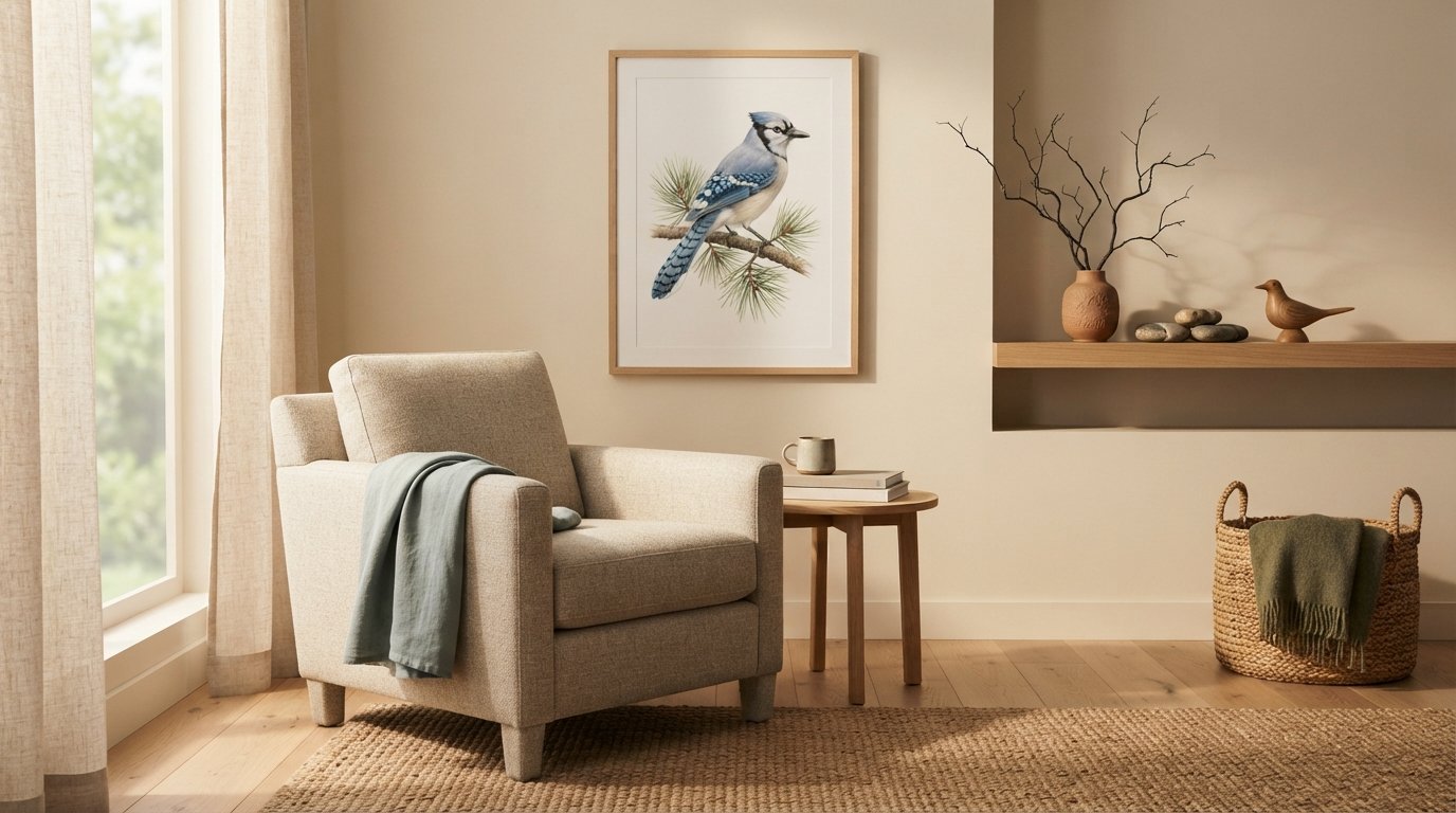 Calm home corner decorated with bird artwork, wood accents, and natural textures