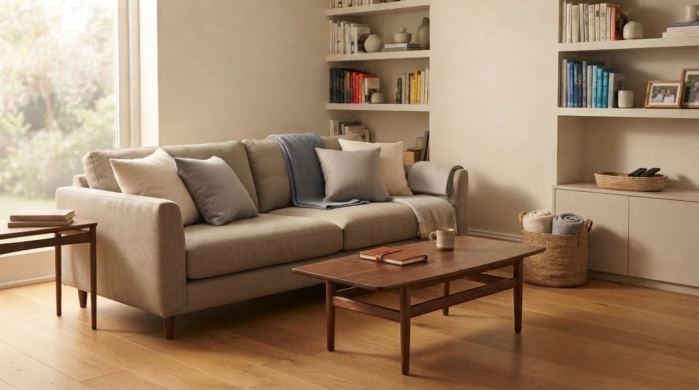 Calm organized living room after decluttering and tidying