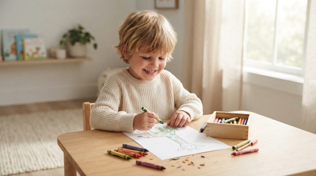 Child coloring a free giraffe coloring page