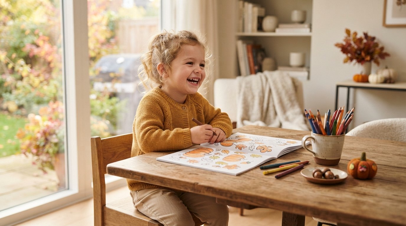 Child coloring autumn-themed coloring pages at home