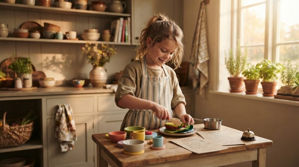 Child playing pretend restaurant at home