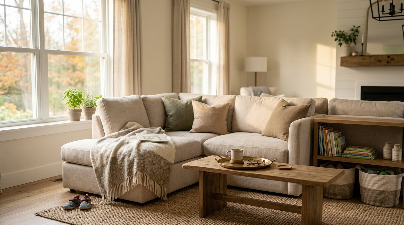 Cozy organized family living room with everyday belongings