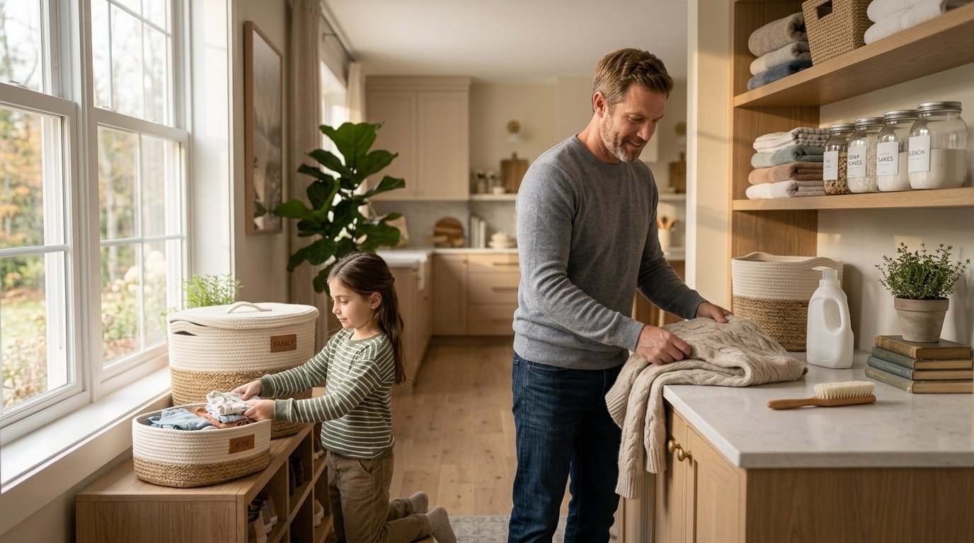 Father and daughter organizing family laundry