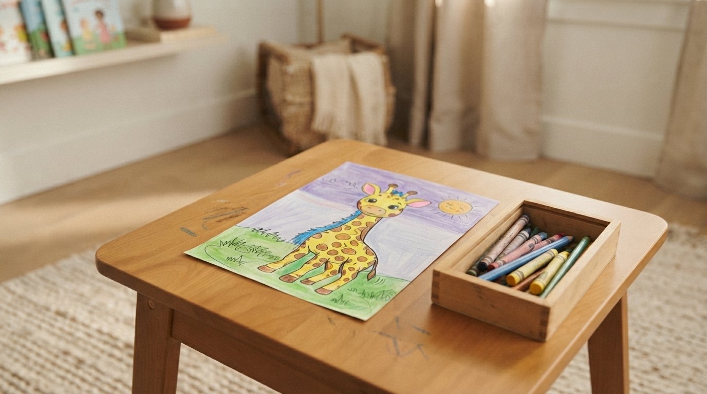 Finished giraffe coloring page with crayons