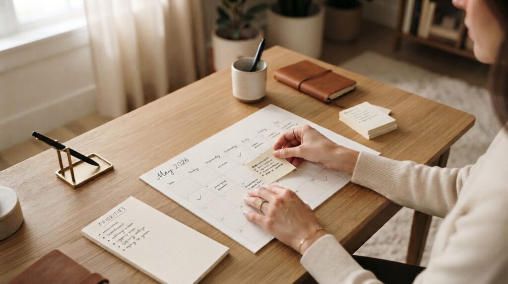 Hands organizing appointments and priorities on a monthly planner
