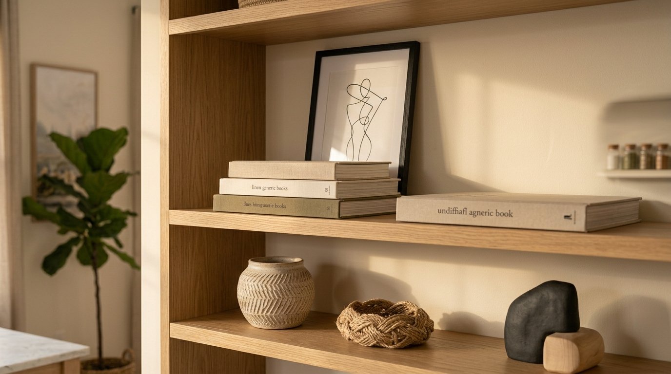 Layered shelf display with books and neutral home decor