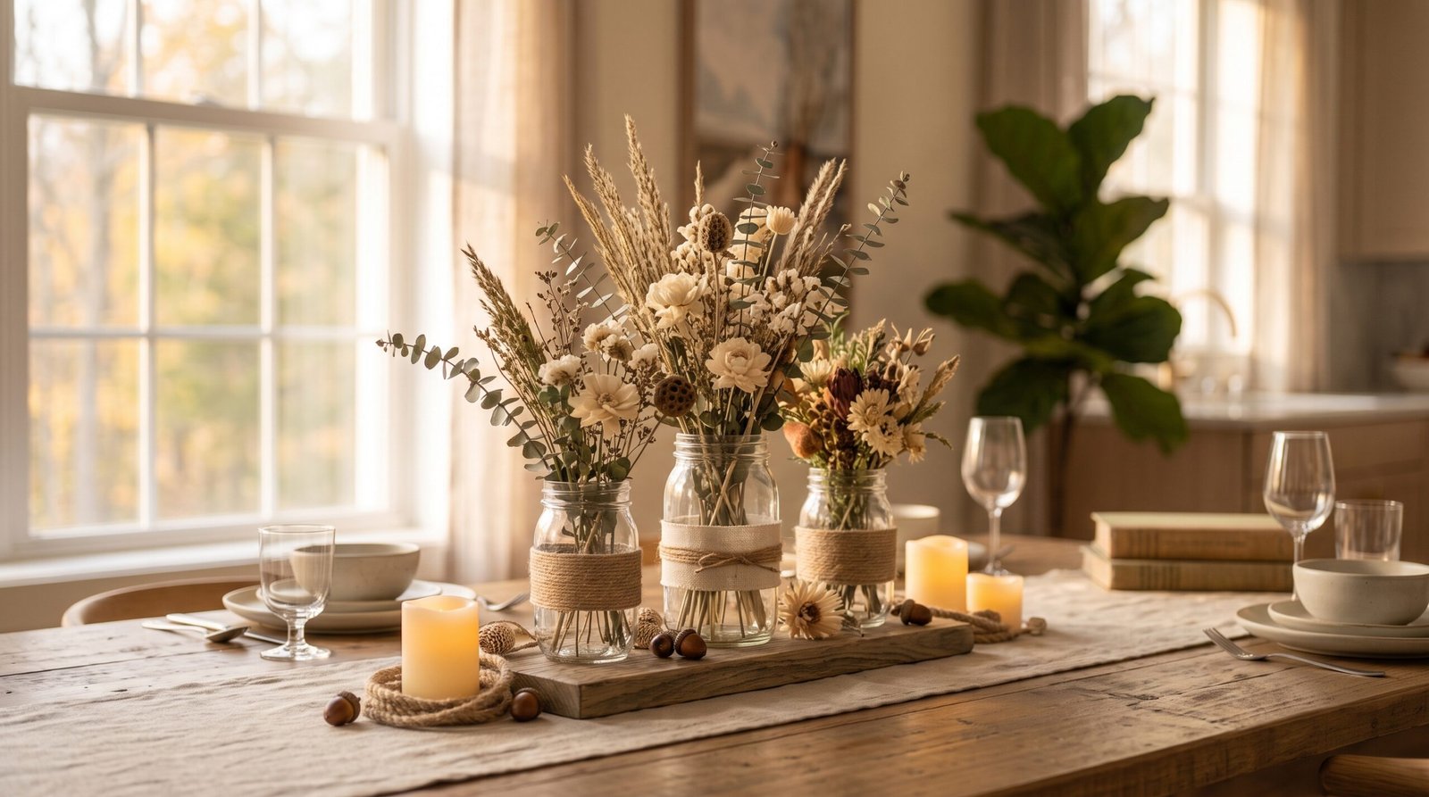Mason jar centerpiece with dried flowers and greenery