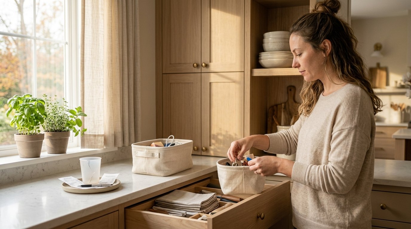 Mom decluttering a home storage drawer with a woven basket