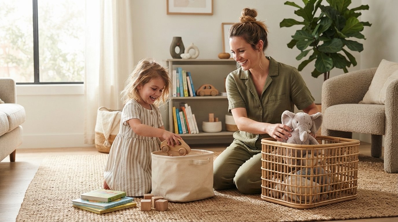 Mother and child cleaning up toys together
