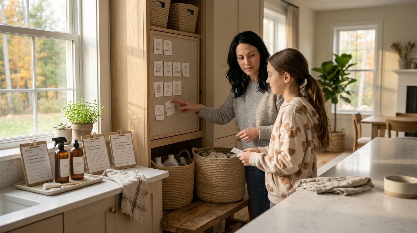 Mother and daughter using a family chore system