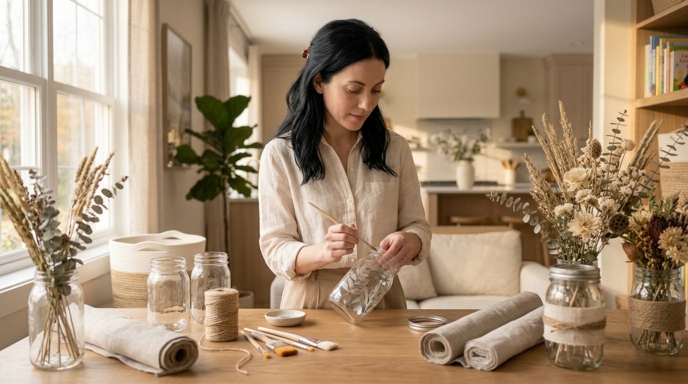 Woman creating a personalized mason jar craft