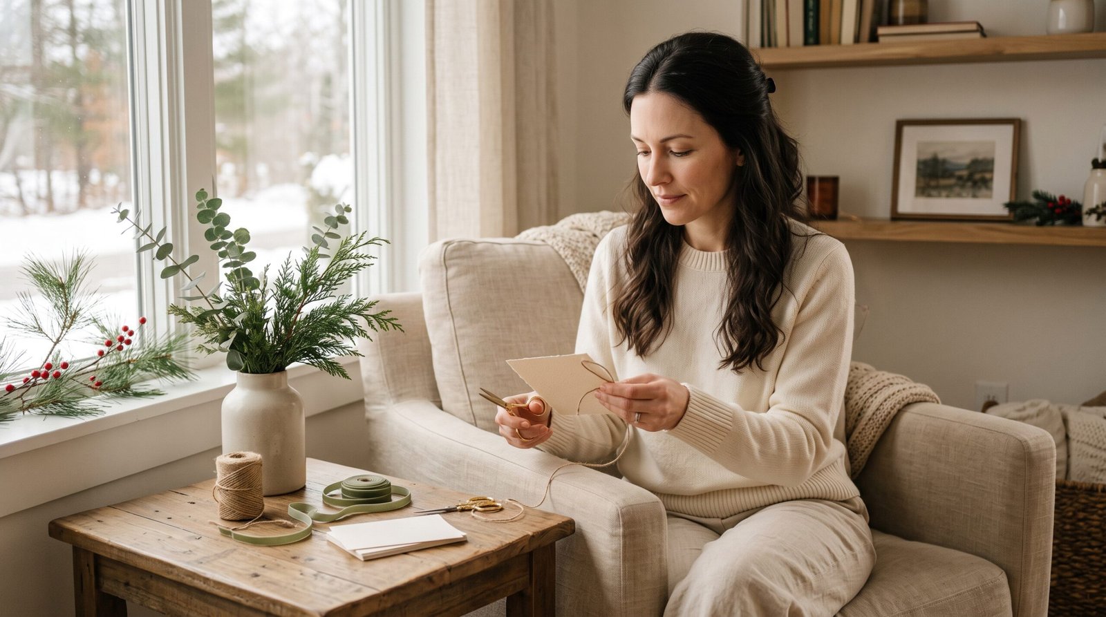 Woman enjoying a cozy Christmas crafting afternoon at home