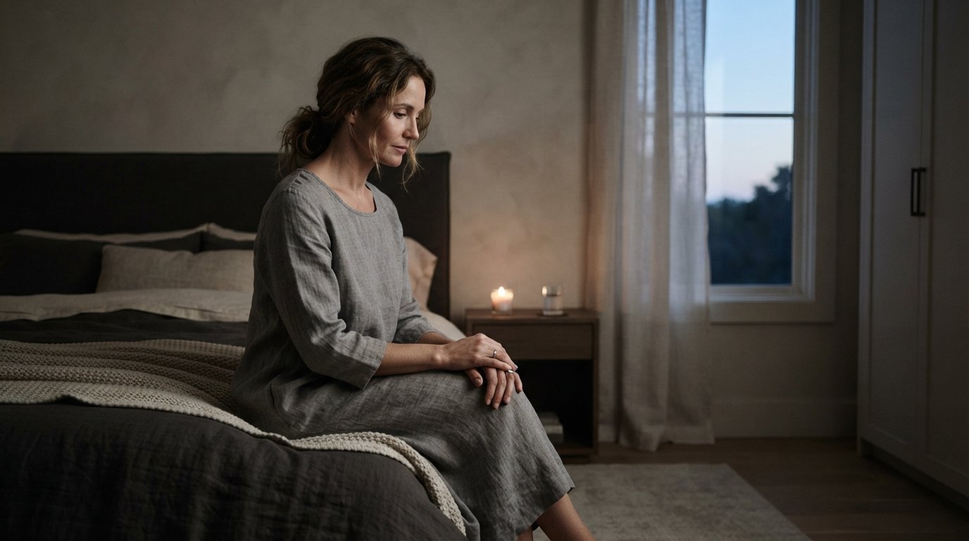 Woman sitting quietly in her bedroom at night after praying for peace
