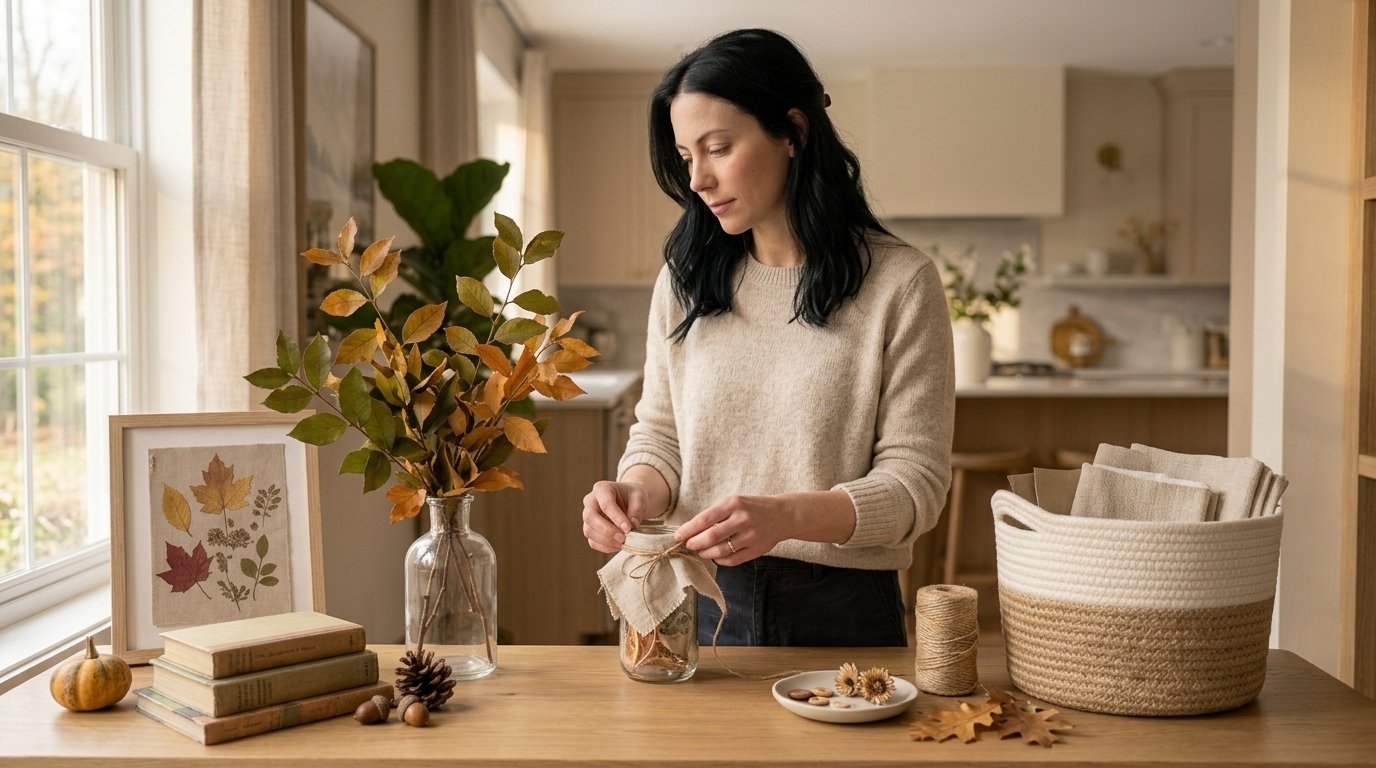 adult woman making fall decor from materials she already owns