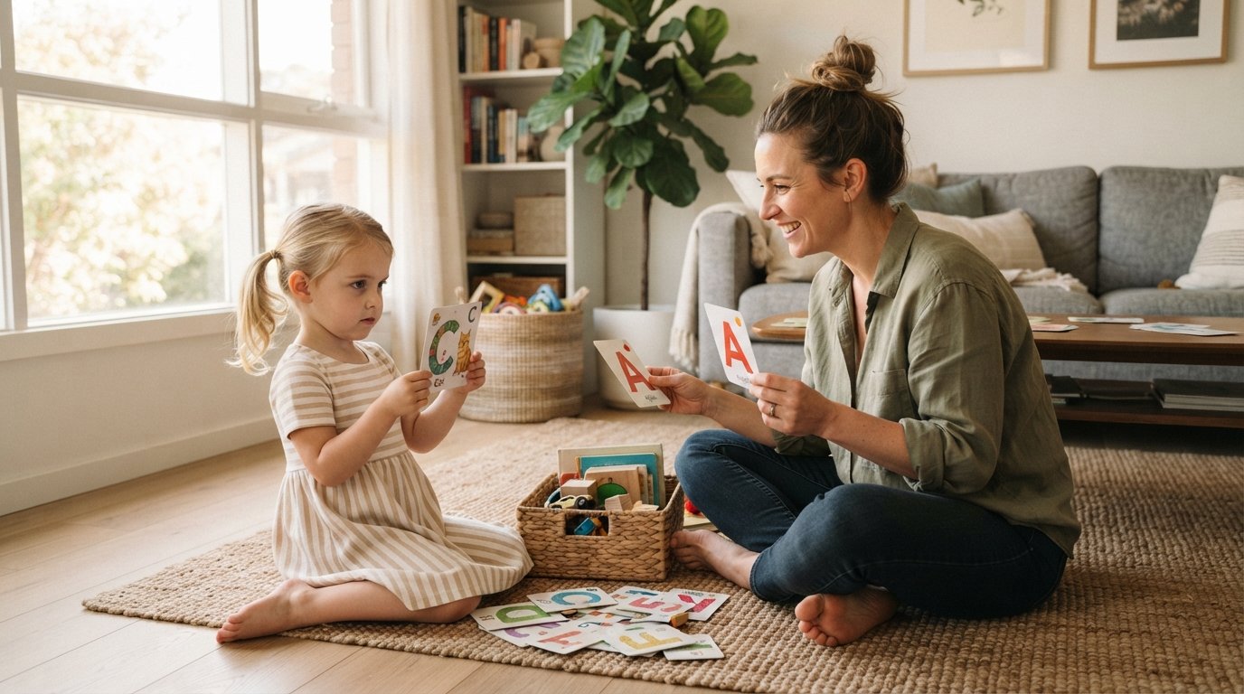 alphabet scavenger hunt, holding a colorful alphabet letter card