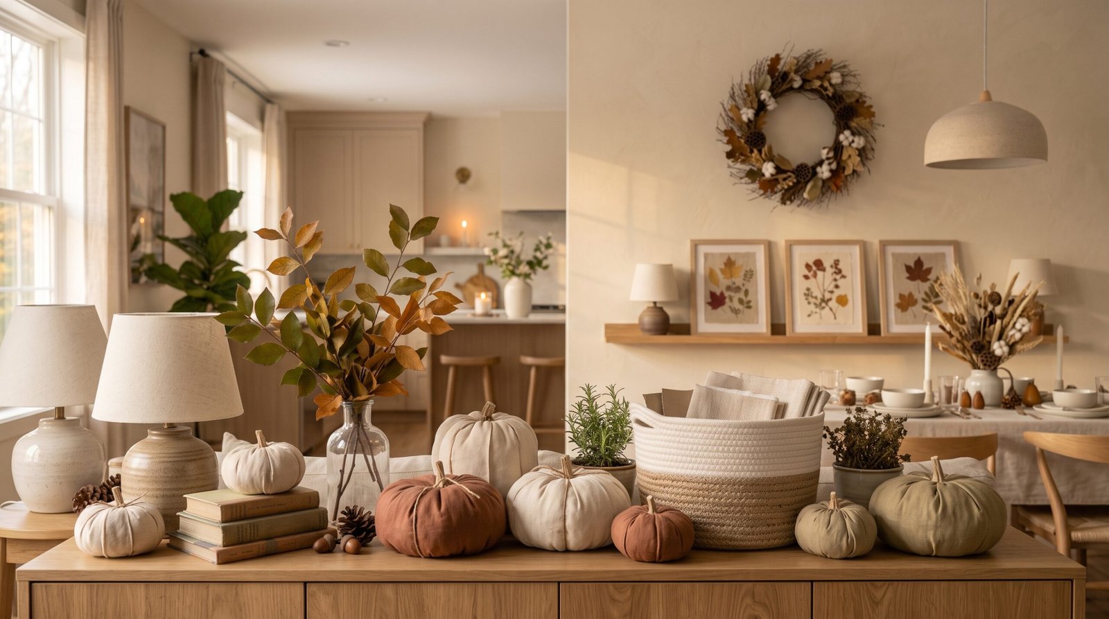 handmade fall crafts decorating a cozy home