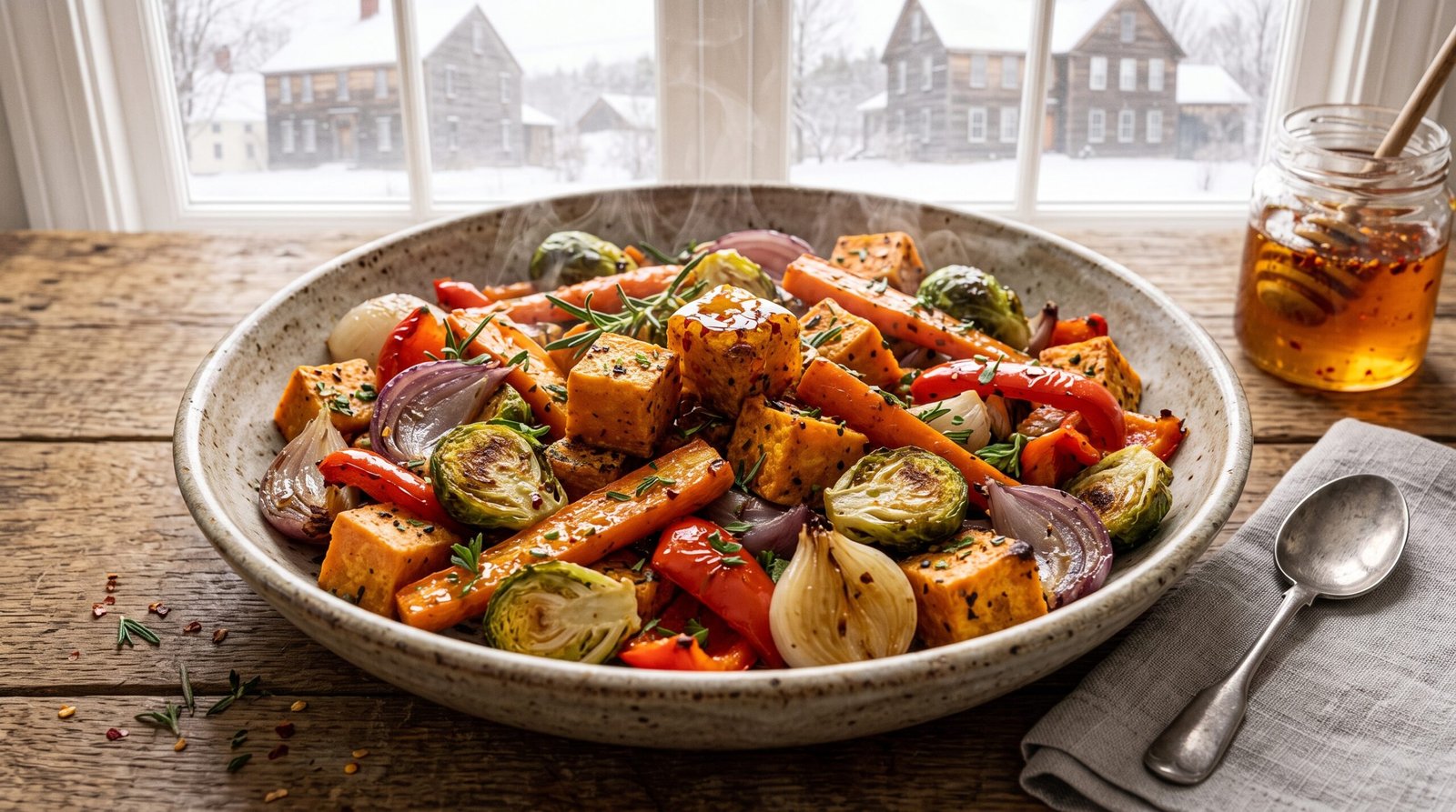 Herb-roasted vegetables with sweet potatoes, carrots, Brussels sprouts, and fresh herbs