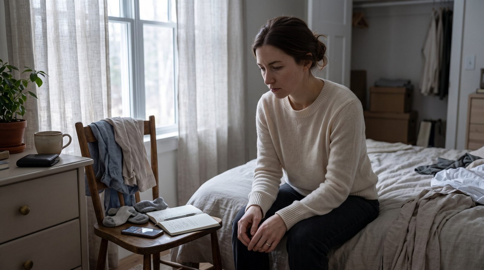 Exhausted woman sitting alone while feeling overwhelmed by everyday life