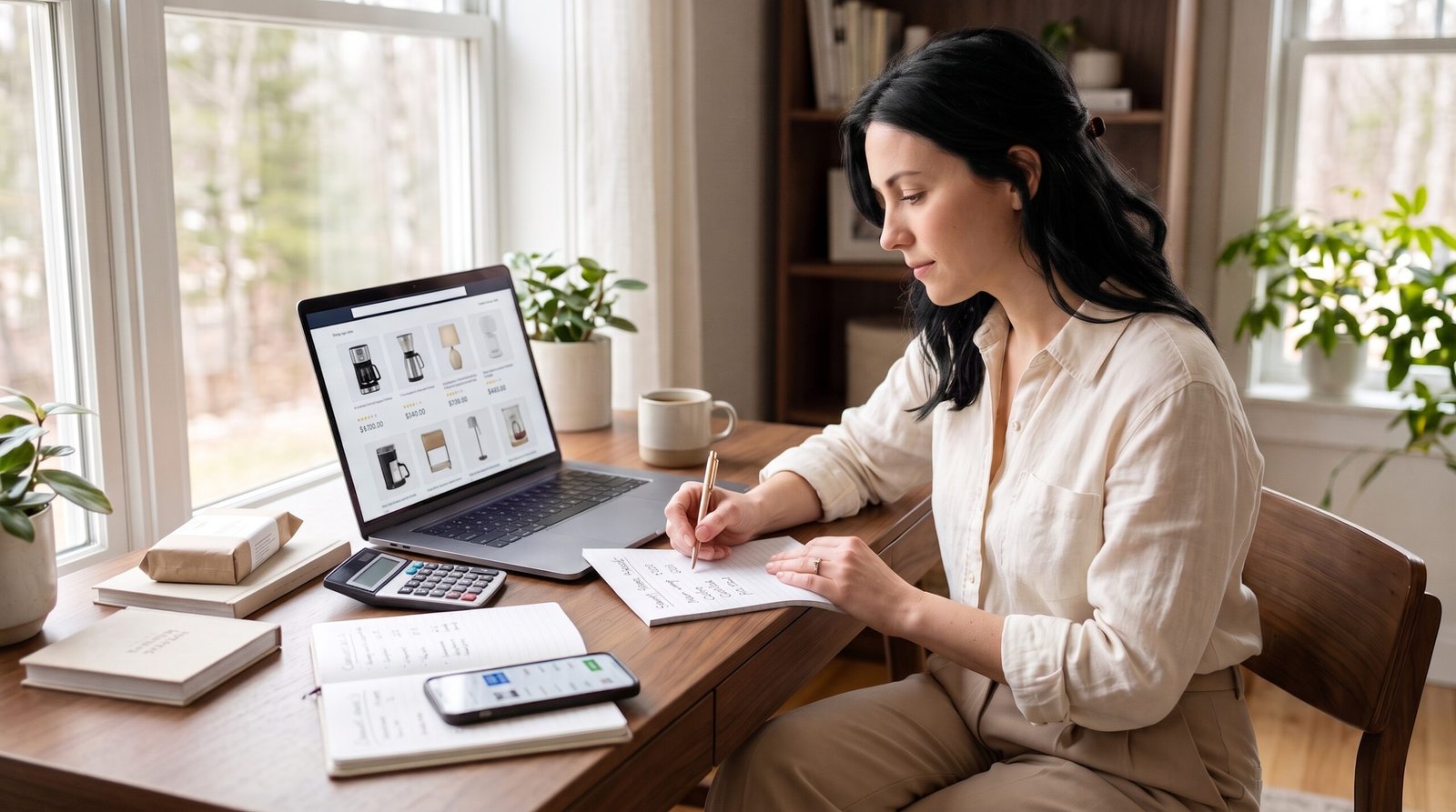 Woman comparing prices while smart shopping online