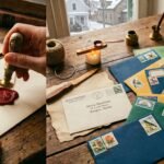vintage envelopes and postage stamps representing the history of snail mail