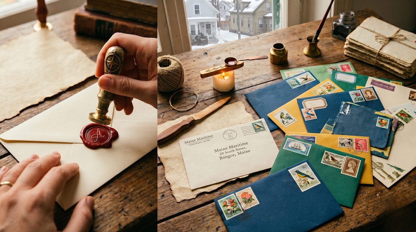 vintage envelopes and postage stamps representing the history of snail mail