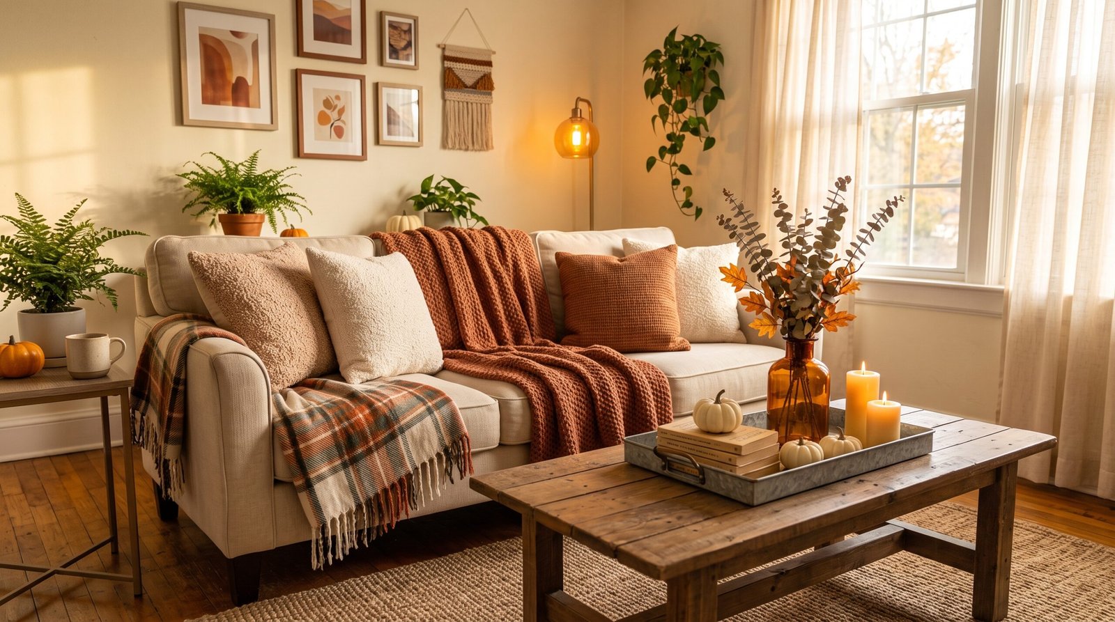 10 cozy fall living room decor ideas on a tight budget styled with warm throws, amber glass, and mini pumpkins