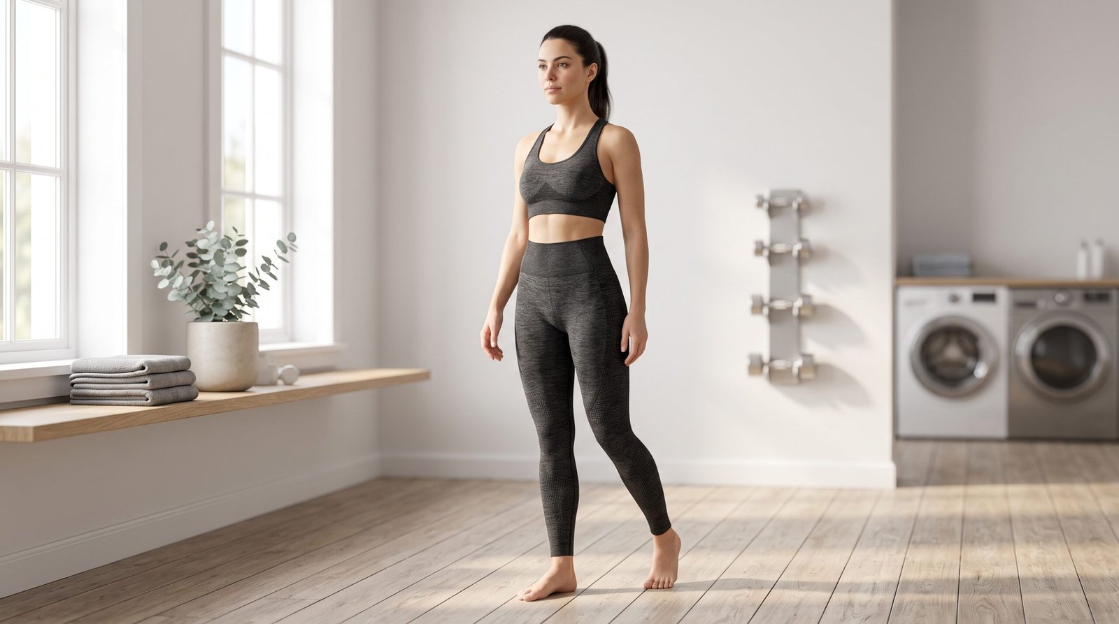 Do leggings cause cellulite showing a confident woman wearing textured athletic leggings in a bright gym