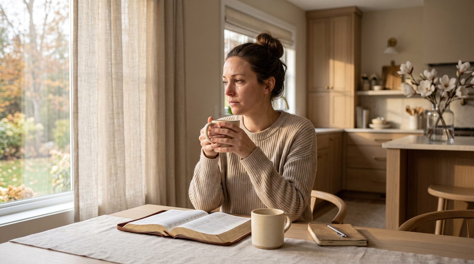 woman reflecting with an open Bible during a difficult season