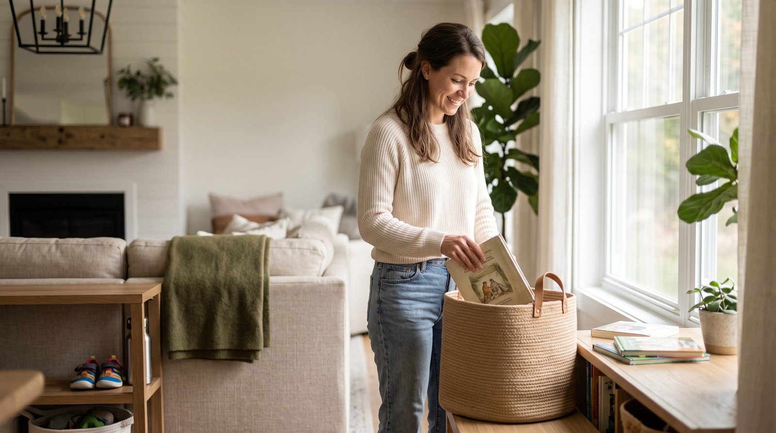Busy mom organizing a lived-in family home with a storage basket