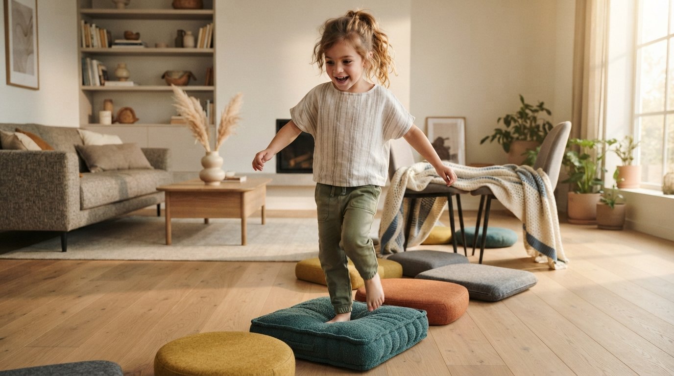 Child enjoying a screen-free indoor obstacle course