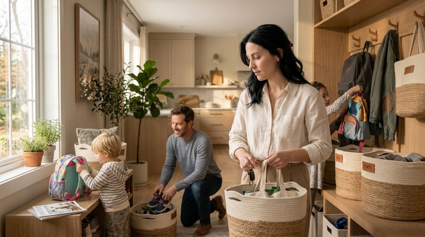 Family organizing an entryway together