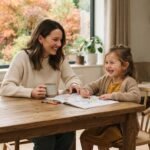 Mother and child enjoying a cozy fall coloring activity at home