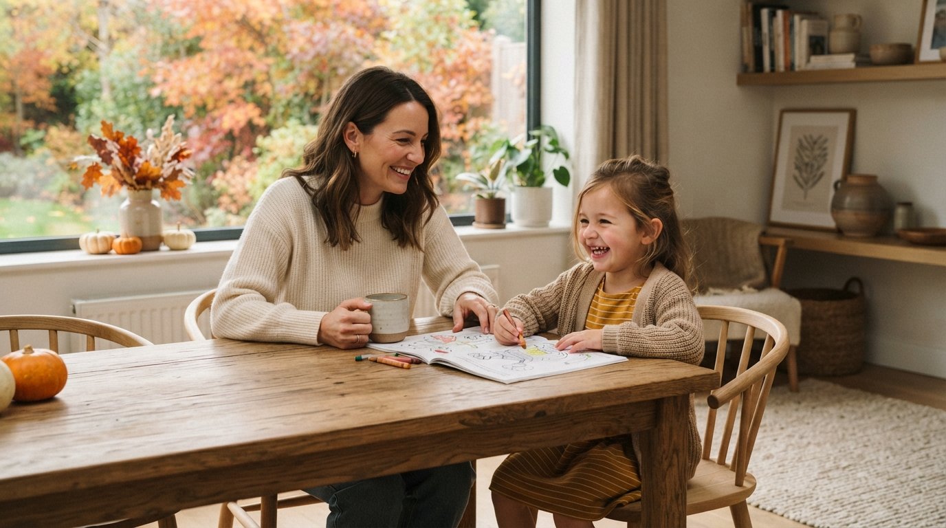 Mother and child enjoying a cozy fall coloring activity at home
