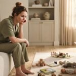 Overwhelmed mother surrounded by children's toys