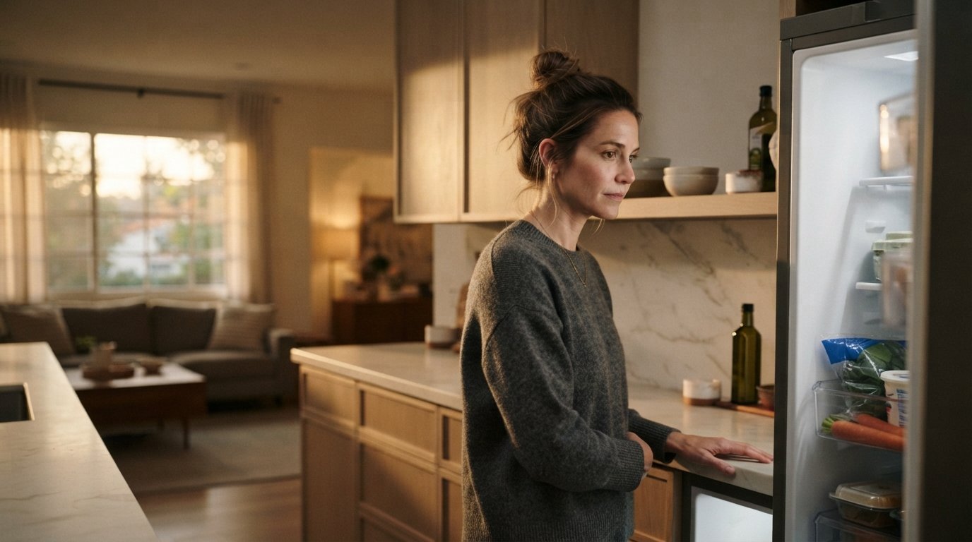 Tired woman deciding what to make for dinner after a busy day